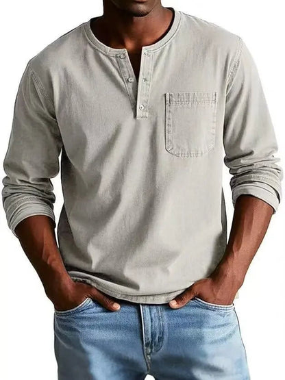 Men's V-Neck Long Sleeve Pullover – Button Design Top